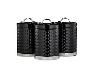 GEEPAS Argyle 3-Piece Tea Coffee Sugar Canisters Set | 1.3L Airtight Durable Carbon Steel Material Lids & Body | Kitchen Storage Canisters Keeps Contents Fresh Aromatic & Flavourful | Black