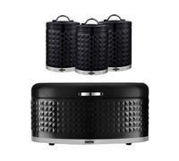 GEEPAS Argyle Tea Coffee Sugar Canister, Bread Bin, Mug Tree & Towel Pole Set | 9L Bread Box 1.3L Airtight Canister Set | Carbon Steel Build Kitchen Counter Storage Space Saver | Black
