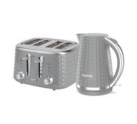 Geepas 4 Slice Bread Toaster & 1.7L Cordless Electric Kettle Combo Set with Textured Design - 1750W Toastie Machine with 7 Browning Control - 2200W Kettle with Auto Shut Off & Boil Dry Sensor - Grey
