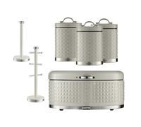Geepas Argyle 6 Pc Tea Coffee Sugar Canister, 9L Bread Bin, Mug Tree & Towel Pole Set, Cream