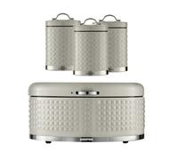GEEPAS Argyle 4 Pc Tea Coffee Sugar Canister & Bread Bin Set Cream | 9L Bread Box, Flip-Open Lid, 1.3L 3 Airtight Canister Set, Carbon Steel Build, Kitchen Counter Storage Box, Space Saver