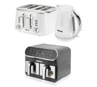 GEEPAS 8L Dual Basket Air Fryer, 1.7L Kettle & 4 Slice Toaster Appliances Set, 2200W Kettle Textured with Design, Wide Slot Toaster Variable Browning Control, Air Fryer with LED Display, White