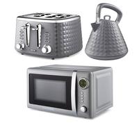 GEEPAS Electric Kettle 4 Slice Bread Toaster & Microwave Kitchen Set | 1.5L Pyramid Kettle 3000W | 4 Slice Toaster with 7 Level Browning Control, 1750W | 700W Digital Microwave 20L, Grey