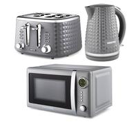 GEEPAS Electric Kettle 4 Slice Bread Toaster & Microwave Kitchen Set | 1.7L Textured Cordless Kettle 2200W | 4 Slice Toaster with 7 Level Browning Control | 700W Digital Microwave 20L, Grey
