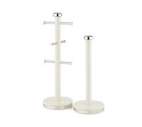 GEEPAS Mug Tree and Towel Pole Set | Rust Corrosion Free Carbon Steel Material Non-Slip Base Free Standing Design Kitchen Counter Storage Space Saver | Holds Upto 6 Mugs | Argyle Collection Cream