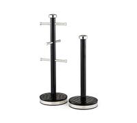 GEEPAS Argyle Mug Tree & Towel Pole Set | Rust Corrosion Free Carbon Steel Material Non-Slip Base Free Standing Design Kitchen Counter Storage Space Saver | Holds Upto 6 Mugs | Black