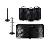GEEPAS Argyle Tea Coffee Sugar Canister, Bread Bin, Mug Tree & Towel Pole Set | 9L Bread Box 1.3L Airtight Canister Set | Carbon Steel Build Kitchen Counter Storage Space Saver | Black