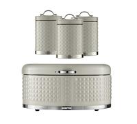 GEEPAS Argyle Tea Coffee Sugar Canister, Bread Bin, Mug Tree & Towel Pole Set | 9L Bread Box 1.3L Airtight Canister Set | Carbon Steel Build Kitchen Counter Storage Space Saver | Cream