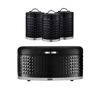 GEEPAS Argyle Tea Coffee Sugar Canister, Bread Bin, Mug Tree & Towel Pole Set | 9L Bread Box 1.3L Airtight Canister Set | Carbon Steel Build Kitchen Counter Storage Space Saver | Black