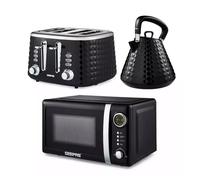 GEEPAS Electric Kettle 4 Slice Bread Toaster & Microwave Kitchen Set | 1.5L Pyramid Kettle 3000W | 4 Slice Toaster with 7 Level Browning Control, 1750W | 700W Digital Microwave 20L, Black