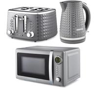 GEEPAS Electric Kettle 4 Slice Bread Toaster & Microwave Kitchen Set | 1.7L Textured Cordless Kettle 2200W | 4 Slice Toaster with 7 Level Browning Control | 700W Digital Microwave 20L, Grey