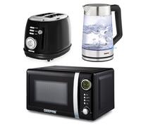 GEEPAS Electric Kettle 2 Slice Bread Toaster & Microwave Kitchen Set | 1.7L Rtrovive Kettle 3000W | 2 Slice Toaster with 6 Level Browning Control, 850W| 700W Digital Microwave 20L, Black