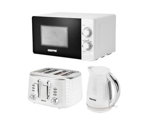 Geepas Electric Kettle 4 Slice Bread Toaster & Microwave Kitchen Set | 2200W 1.7L Textured Cordless Kettle | 1750W Toaster with 7 Level Browning Control | 700W Solo Manual Dial Microwave 20L | White