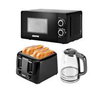 GEEPAS Electric Kettle 4 Slice Bread Toaster & Microwave Kitchen Set Black | 1.7L Illuminating Glass Kettle, 1400W Toaster, 6 Level Browning Control, 700W Solo Manual Microwave 20L