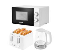 Geepas Electric Kettle 4 Slice Bread Toaster & Microwave Kitchen Set | 2200W 1.7L Illuminating Glass Kettle | 1400W Toaster with 6 Level Browning Control | 700W Solo Manual Dial Microwave 20L | White