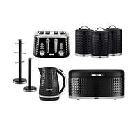 GEEPAS Electric Kettle, 4 Slice Bread Toaster, Set of 3 Tea Coffee Sugar Canister, Bread Bin, Mug Tree & Towel Pole Set of 8 Piece Matching Kitchen Counter Storage Space Saver Set | Argyle Black