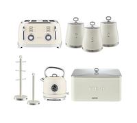 GEEPAS Electric Kettle, 4 Slice Bread Toaster, Set of 3 Tea Coffee Sugar Canister, Bread Bin, Mug Tree & Towel Pole Set of 8 Piece Matching Kitchen Counter Storage Space Saver Set | RetroVive Cream