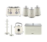 Geepas Electric Kettle, 4 Slice Bread Toaster, Set Of 3 Tea Coffee Sugar Canister, Bread Bin, Mug Tree & Towel Pole Set, Cream