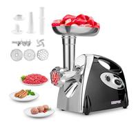Geepas Electric Meat Grinder 1800W - Stainless Steel Meat Mincer & Sausage Stuffer, Food Grinding Mincing Machine with Kibbe - 3 Different Cutting Plates, Reverse Function, Plastic Housing (Black)