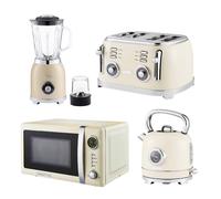 GEEPAS Retrovive 1.8L Electric Kettle, 4 Slice Bread Toaster, 2-in-1 Jug Blender & 20 Litre 700W Digital Freestanding Microwave Oven Kitchen Combo Set | 3000W Vintage Cordless Kettle | Cream