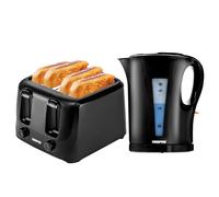 GEEPAS 1.7L Electric Kettle & 4 Slice Bread Toaster Kitchen Combo Set | 2200W Cordless Jug Kettle Auto Shut-Off | 1400W Toastie Machine 6 Browning Level Removable Crumb Tray | 2 Year Warranty, Black