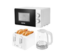 Geepas Electric Kettle 4 Slice Bread Toaster & Microwave Kitchen Set | 2200W 1.7L Illuminating Glass Kettle | 1400W Toaster with 6 Level Browning Control | 700W Solo Manual Dial Microwave 20L | White