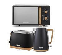 GEEPAS Kitchen Set NordiQ Design | Matte Finish with Wood Accents (Black, Kettle, 2 Slice Toaster & Microwave Set)
