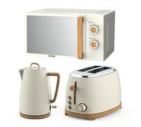GEEPAS Kitchen Set NordiQ Design | Matte Finish with Wood Accents (Cream, Kettle, 2 Slice Toaster & Microwave Set)