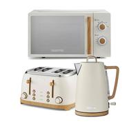 GEEPAS NordiQ 1.7L Electric Kettle, 4 Slice Toaster & 20L Microwave Oven 700W Kitchen Combo Set | Matte Finish with Wood Accents | 1500W Bread Toaster & 3000W Rapid Boil Cordless Jug Kettle | Cream