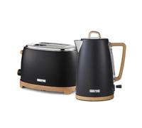 GEEPAS NordiQ 2 Slice Toaster & 1.7L Electric Kettle Kitchen Combo Set | Matte Finish with Wood Accents | 850W 6 Browning Levels Defrost Reheat & Cancel | 3000W Rapid Boil Cordless Jug Kettle | Black
