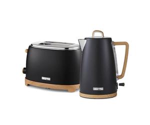 GEEPAS NordiQ 2 Slice Toaster & 1.7L Electric Kettle Kitchen Combo Set | Matte Finish with Wood Accents | 850W 6 Browning Levels Defrost Reheat & Cancel | 3000W Rapid Boil Cordless Jug Kettle | Black