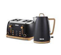 GEEPAS NordiQ 4 Slice Toaster & 1.7L Electric Kettle Combo Set | Matte Finish with Wood Accents | 1500W 6 Browning Levels Defrost Reheat & Cancel | 3000W Rapid Boil Cordless Jug Kettle | Black