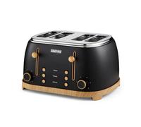 GEEPAS NordiQ 4 Slice Toaster | Matte Finish with Wood Accents | 6 Browning Levels Defrost Reheat & Cancel | Dual Control High Lift Removable Crumb Tray Cord Storage 2 Year Warranty 1500W Black
