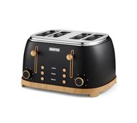 GEEPAS NordiQ 4 Slice Toaster | Matte Finish with Wood Accents | 6 Browning Levels Defrost Reheat & Cancel | Dual Control High Lift Removable Crumb Tray Cord Storage 2 Year Warranty 1500W Black