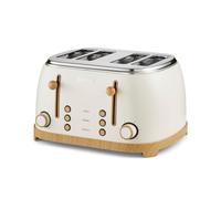 GEEPAS NordiQ 4 Slice Toaster | Matte Finish with Wood Accents | 6 Browning Levels Defrost Reheat & Cancel | Dual Control High Lift Removable Crumb Tray Cord Storage 2 Year Warranty 1500W Cream