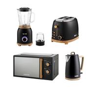 GEEPAS NordiQ 1.7L Electric Kettle, Toaster, 2-in-1 1.5L Jug Blender & 20L Microwave Oven 700W Kitchen Combo Set | Matte Finish with Wood Accents
