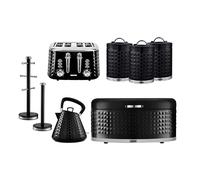 GEEPAS Pyramid Kettle, 4 Slice Bread Toaster, Set of 3 Tea Coffee Sugar Canister, Bread Bin, Mug Tree & Towel Pole Set of 8 Piece Matching Kitchen Counter Storage Space Saver Set | Argyle Black