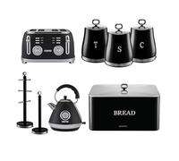 GEEPAS Pyramid Kettle, 4 Slice Bread Toaster, Set of 3 Tea Coffee Sugar Canister, Bread Bin, Mug Tree & Towel Pole Set of 8 Piece Matching Kitchen Counter Storage Space Saver Set | RetroVive Black