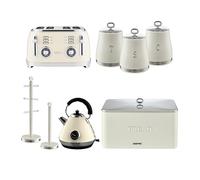 GEEPAS Pyramid Kettle, 4 Slice Bread Toaster, Set of 3 Tea Coffee Sugar Canister, Bread Bin, Mug Tree & Towel Pole Set of 8 Piece Matching Kitchen Counter Storage Space Saver Set | RetroVive Cream