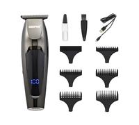 GEEPAS Rechargeable Digital Hair Trimmer | LED Display, Li-ion Battery 90 Mins Working Time Cordless Electric Trimmer, 5 Comb Attachment, Stainless Steel Blades | Type C Charging, Travel Lock | Silver