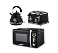 GEEPAS 1.7L Electric Kettle, 4 Slice Bread Toaster & 20 Litre 700W Digital Freestanding Microwave Oven Kitchen Combo Set | 3000W Vintage Cordless Kettle | Defrost/Reheat/Cancel 1500W | Black Retrovive