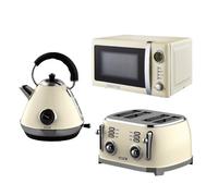 GEEPAS 1.7L Electric Kettle, 4 Slice Bread Toaster & 20 Litre 700W Digital Freestanding Microwave Oven Kitchen Combo Set | 3000W Vintage Cordless Kettle | Defrost/Reheat/Cancel 1500W | Cream Retrovive