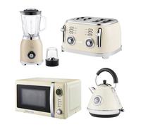 Geepas Retrovive 1.7L Kettle, 4 Slicetoaster, 2-In-1 Jug Blender & 20L Digital Microwave Oven, Cream