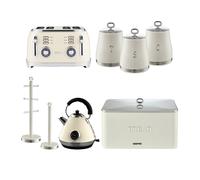 Retrovive Pyramid Kettle, 4 Slice Toaster, Set of 3 Tea Coffee Sugar Canister, Bread Bin, Mug Tree & Towel Pole Set Geepas Cream One Size