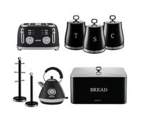 Retrovive Pyramid Kettle, 4 Slice Toaster, Set of 3 Tea Coffee Sugar Canister, Bread Bin, Mug Tree & Towel Pole Set Geepas Black One Size