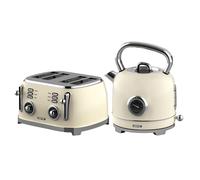 GEEPAS Retrovive 1.8L Electric Kettle & 4 Slice Bread Toaster Kitchen Combo Set | 3000W Vintage Cordless Stainless Steel Kettle Auto Shut-Off, Temperature Gauge | Defrost/Reheat/Cancel 1500W | Cream
