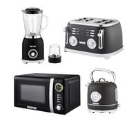 GEEPAS Retrovive 1.8L Electric Kettle, 4 Slice Bread Toaster, 2-in-1 Jug Blender & 20 Litre 700W Digital Freestanding Microwave Oven Kitchen Combo Set | 3000W Vintage Cordless Kettle | Black