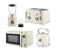 GEEPAS Retrovive 1.8L Electric Kettle, 4 Slice Bread Toaster, 2-in-1 Jug Blender & 20 Litre 700W Digital Freestanding Microwave Oven Kitchen Combo Set | 3000W Vintage Cordless Kettle | Cream
