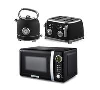 GEEPAS Retrovive 1.8L Electric Kettle, 4 Slice Bread Toaster & 20 Litre 700W Digital Freestanding Microwave Oven Kitchen Combo Set | 3000W Vintage Cordless Kettle | Defrost/Reheat/Cancel 1500W | Black