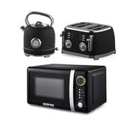 GEEPAS 1.8L Electric Kettle, 4 Slice Bread Toaster & 20 Litre 700W Digital Freestanding Microwave Oven Kitchen Combo Set | 3000W Vintage Cordless Kettle | Defrost/Reheat/Cancel 1500W | Black Retrovive